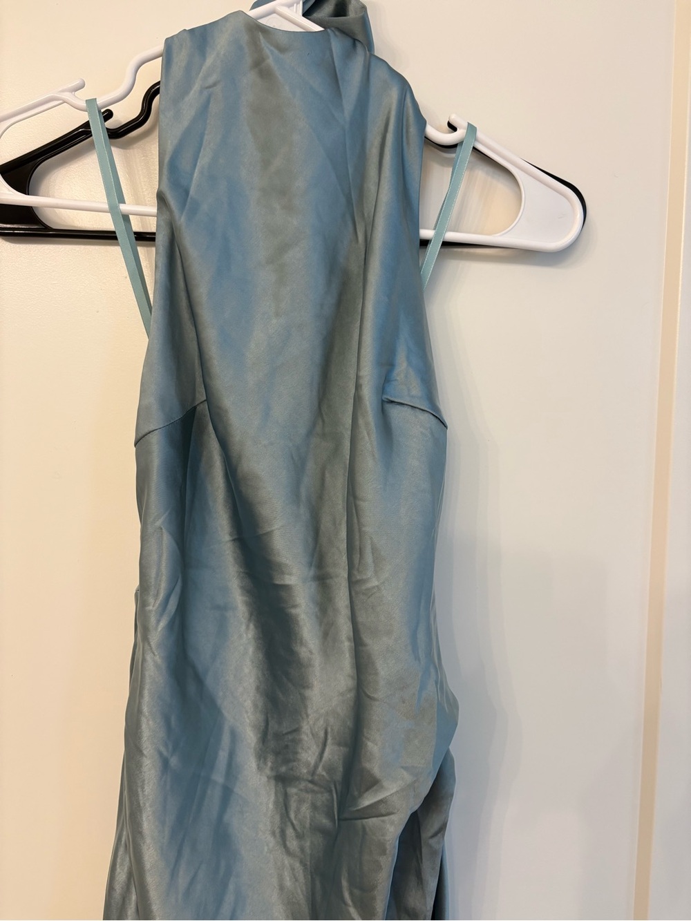 Selfie Leslie Satin Halter Slip Dress in Dusty Blue